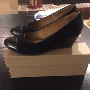 Clarks Black suede and patent leather wedge heels